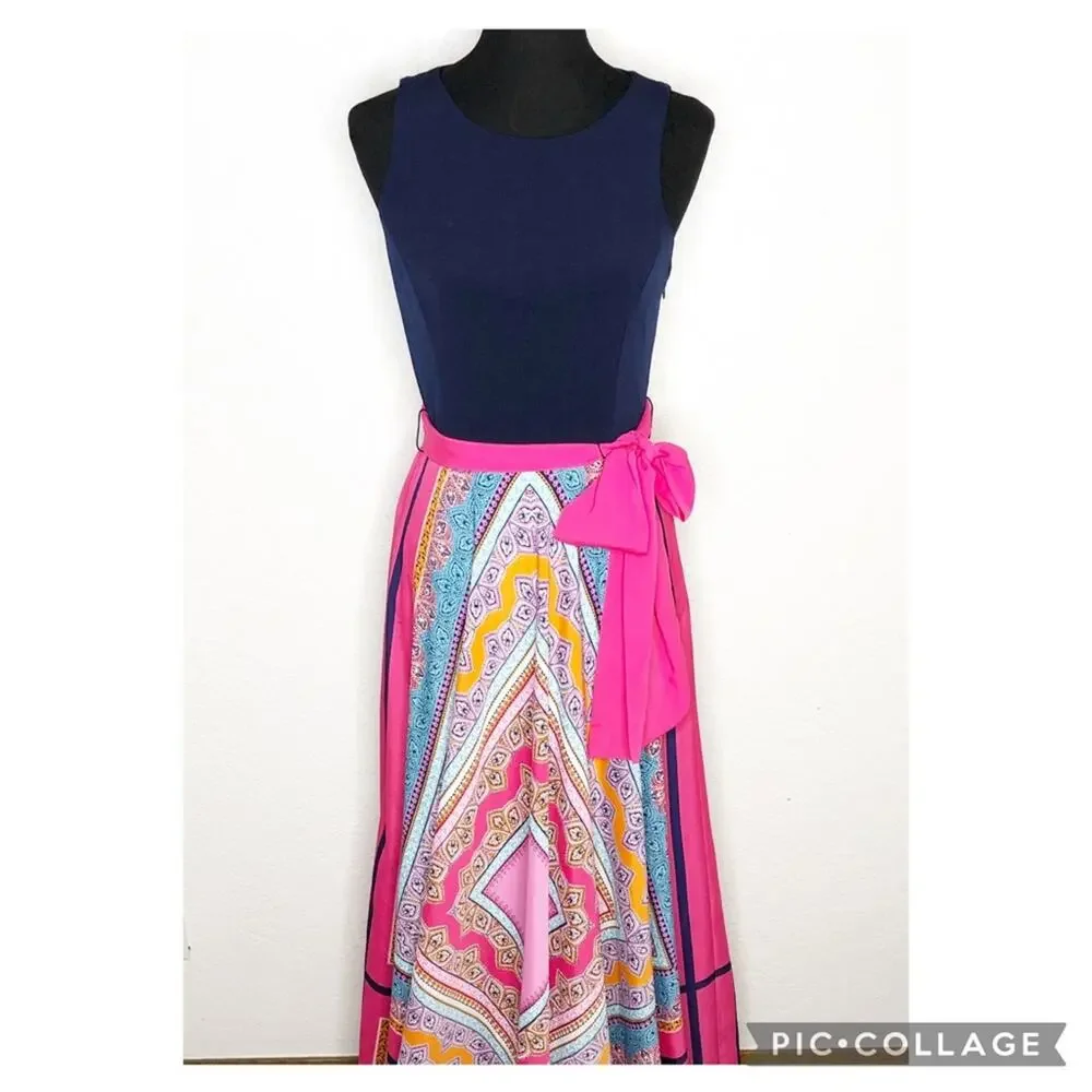 Eliza J navy pink orange scarf print sleeveless maxi dress size 8